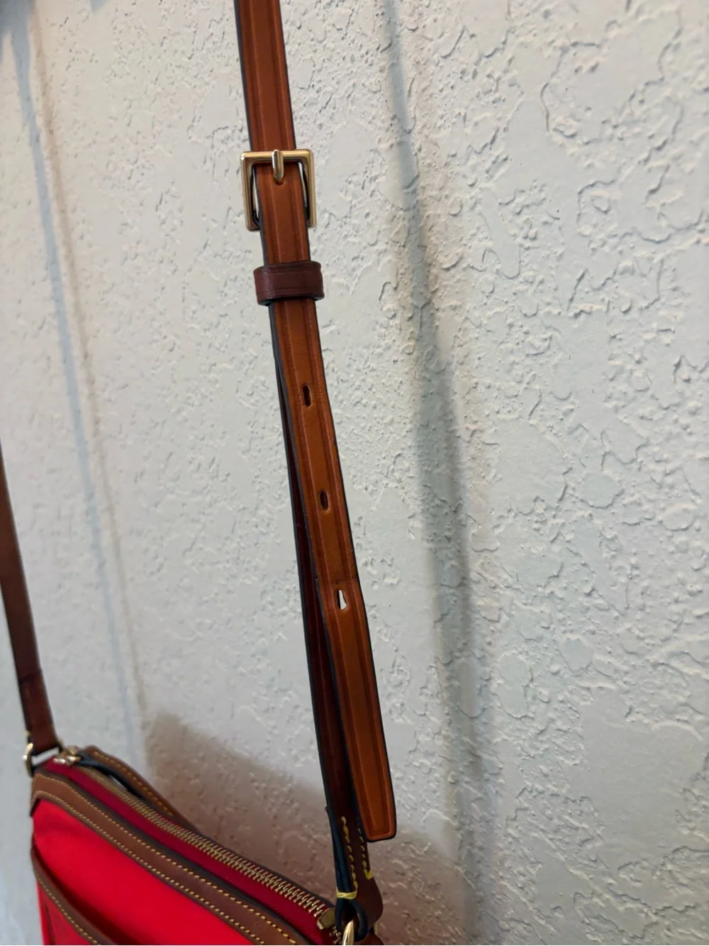 Dooney & Bourke Nylon Red Crossbody with Brown Leather Trim Adjustable Straps - Picture 7 of 15